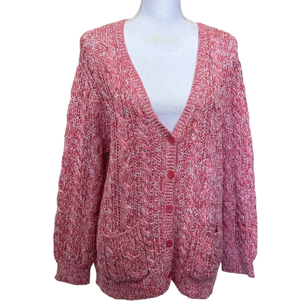 Garnet Hill Red White Marled Cable Knit Cardigan Sweater V-Neck Cotton Blend L